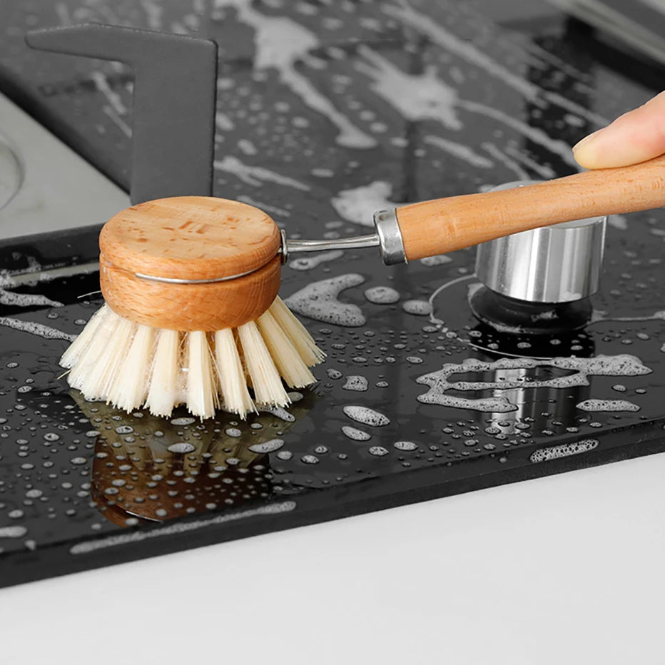 Bamboo Kitchen Cleaning Brush Natural Dishes Pots Pans Sink Washing Brush Eco-friendly Clean Scrubber with Draining Storage Tray Qme