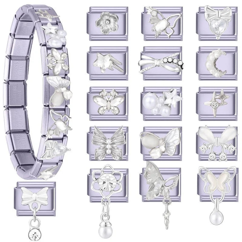 Shiny Zircon Butterfly Moon Stars Bow Purple Color Italian Charm Links Fit 9mm Stainless Steel Bracelet Women DIY Making Gift Qme