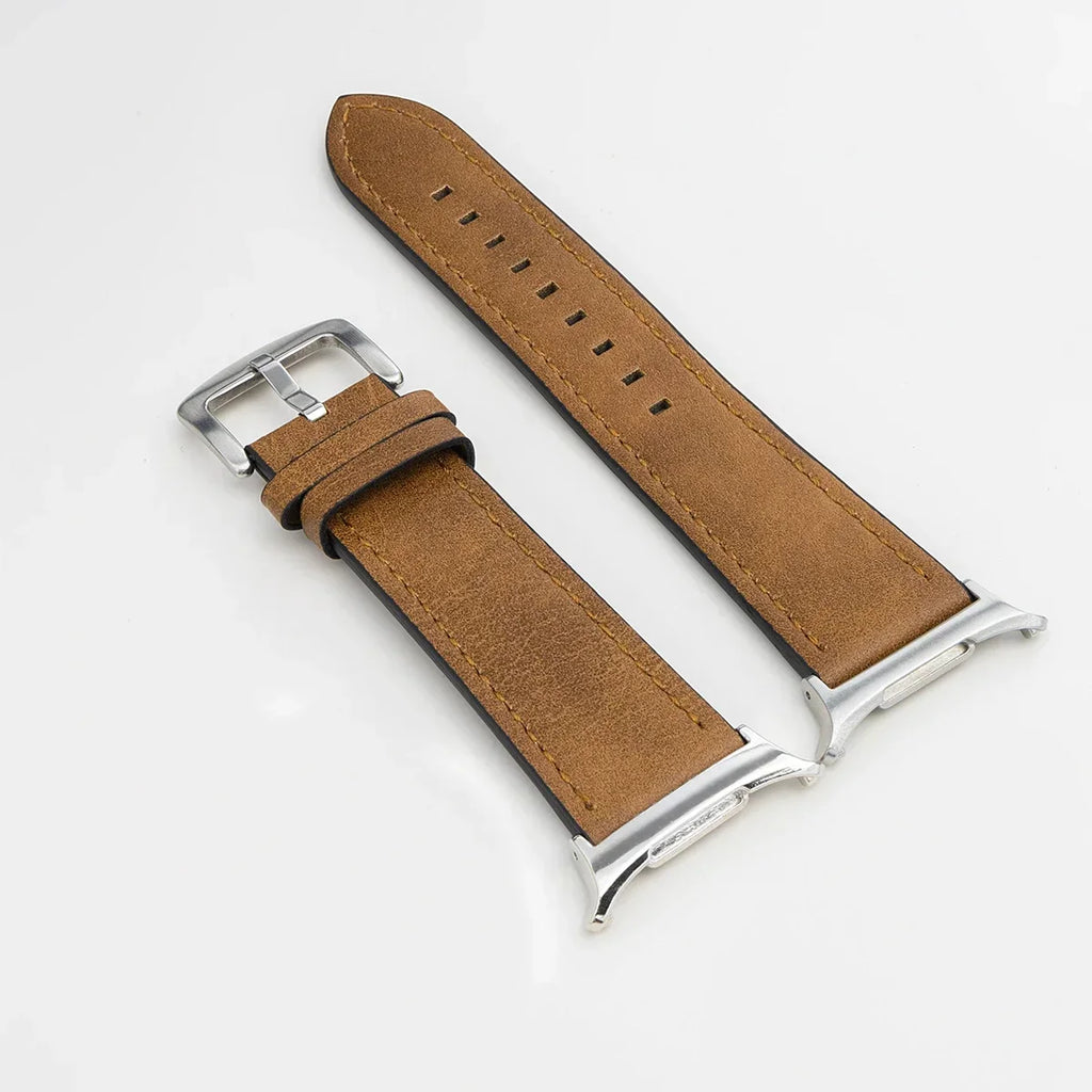 Leather Band for Samsung Galaxy Watch 7 Ultra 47mm No Gaps Strap SmartWatch Bracelet for Galaxy Watch 7Ultra Wristband Correa Qme YBrown Silver Galaxy Watch 7 Ultra