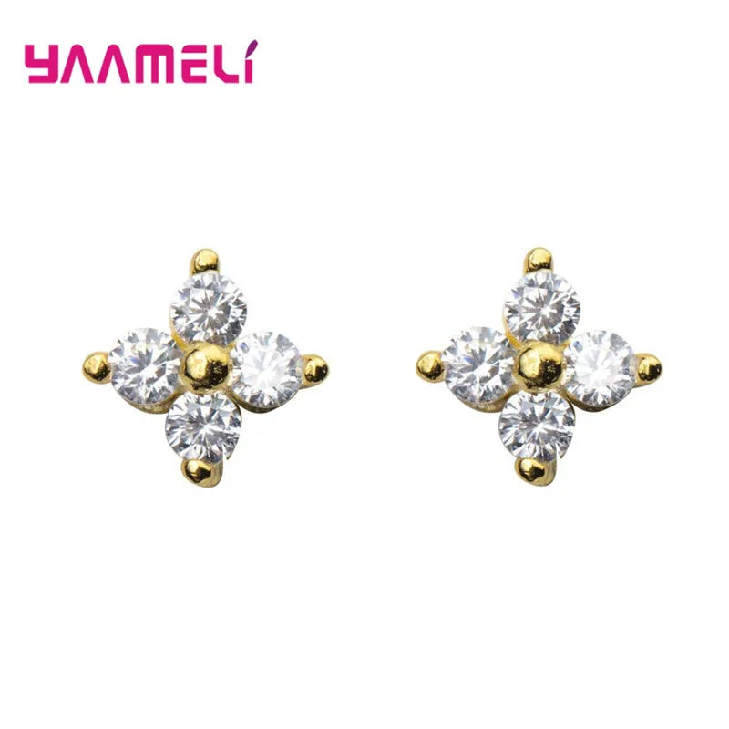 100% Real 925 Sterling Silver Color Clover Stud Earrings Bright Zircon Earrings For Women Girl Fashion Trendy Jewelry Qme Gold 6MM