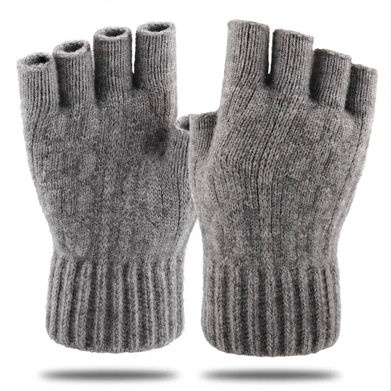 Winter Gloves Men Half Finger Writting Office Cycling Knitted Qme GRAY One Size