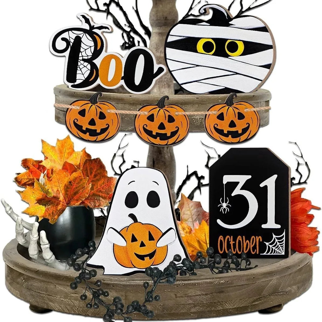Halloween Wooden Signs Pumpkin Ghost Mummy Boo Ornaments Desktop Qme