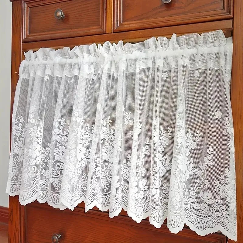 European White Lace Short Curtains for Kitchen Outdoor Patio & Balcony Decorative Window Drapes Qme White 100cmX45cm Rod Pocket