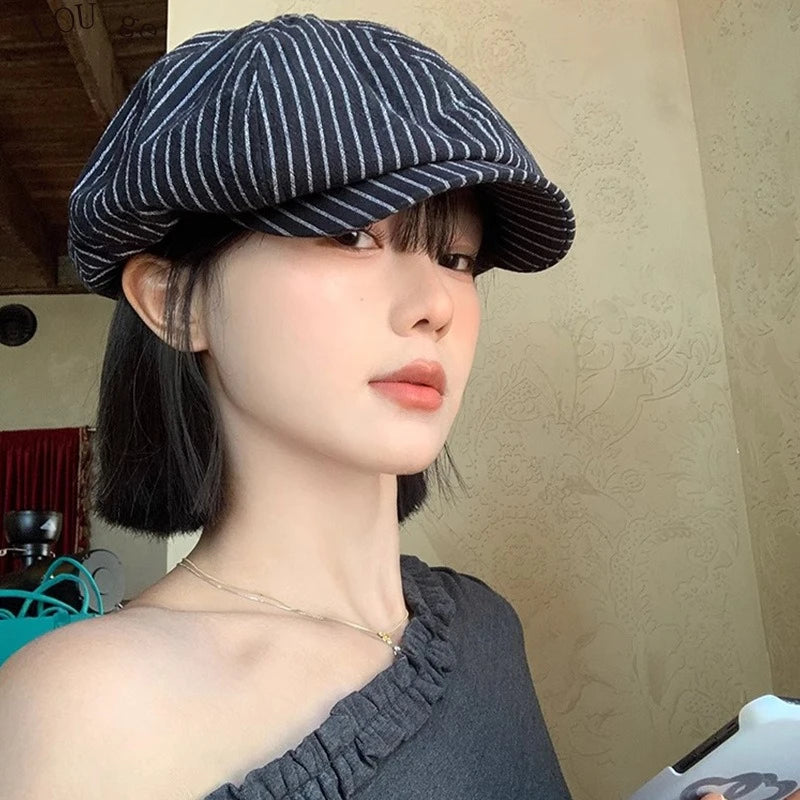 Ladies' Summer Breathable Thin Striped Cotton-linen Beret Qme