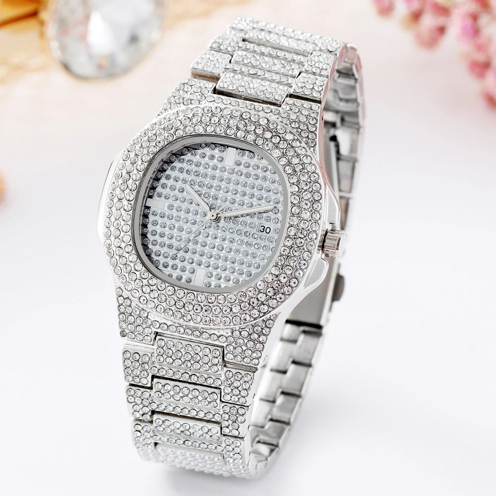 1pcs diamond studded waterproof watch alloy set, fashionable and trendy quartz calendar watch Qme