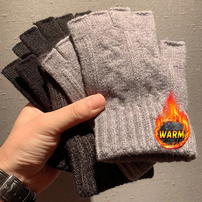 Winter Gloves Men Half Finger Writting Office Cycling Knitted Qme