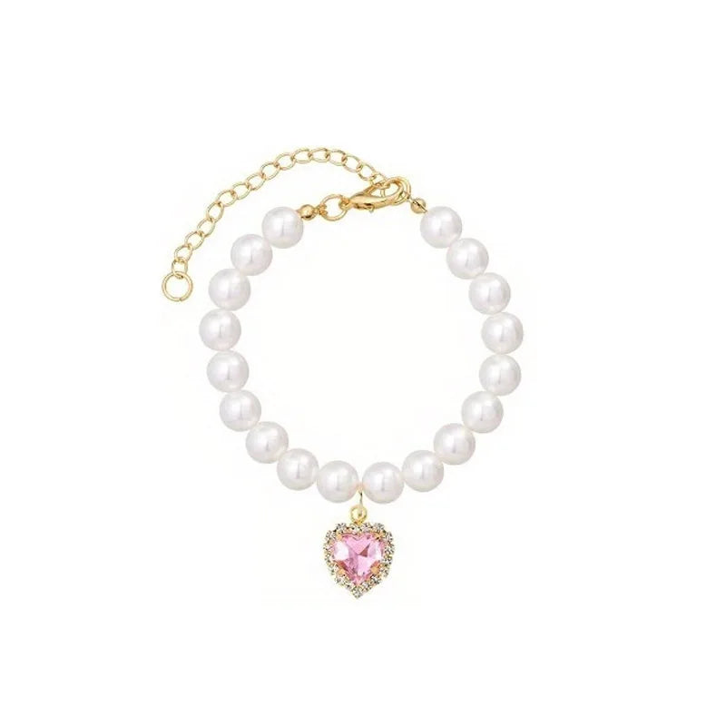 1 pet pearl heart-shaped rhinestone pet necklace collar, adjustable wedding party collar, suitable for cats and super small dogs Qme Pink M