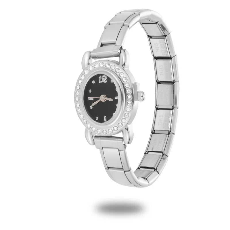2025New Vintage High Quality Oval Inlaid Zircon Stainless Steel Watch Bracelet Women's 9MM DIY Italian Charm Bangle Jewelry Gift Qme Style 26