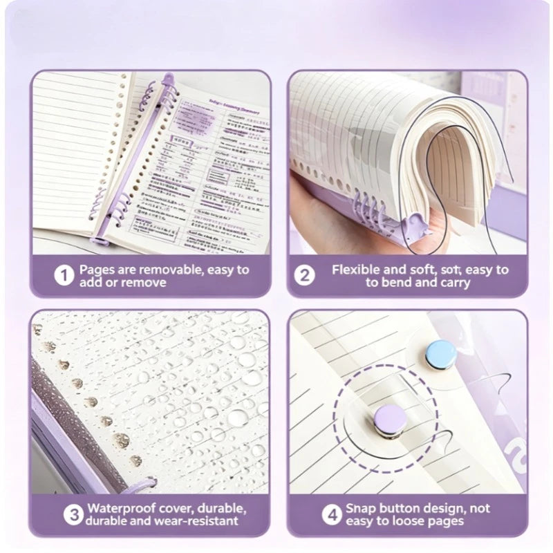60 sheets of 120-page transparent soft leather loose-leaf notebooks with detachable ring covers and horizontal lines A5 Qme