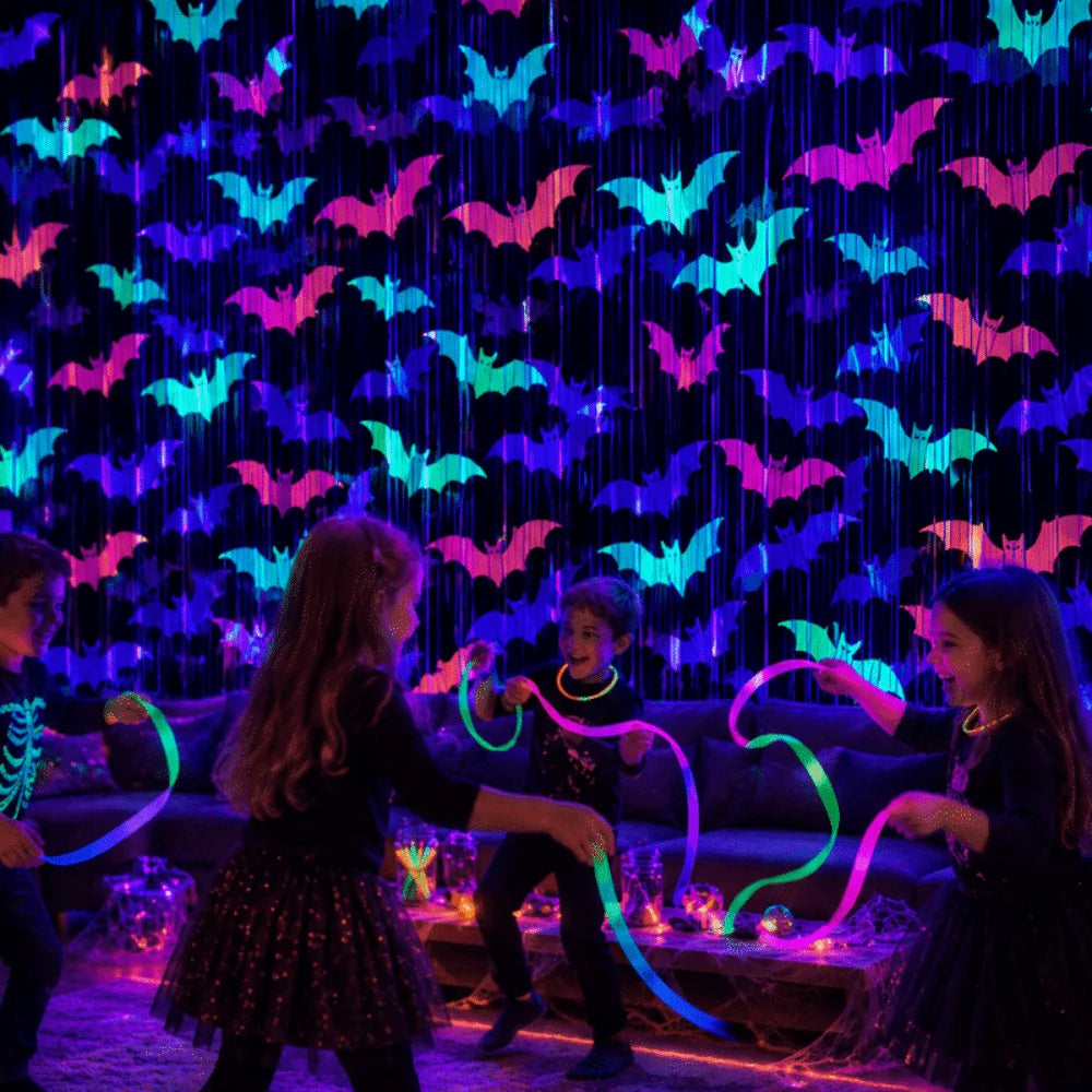 1x2M Fluorescent Tinsel Curtain Bat Pattern Cartoon Halloween Printing Curtain Sparkling Funny Door Hanging Decor Qme