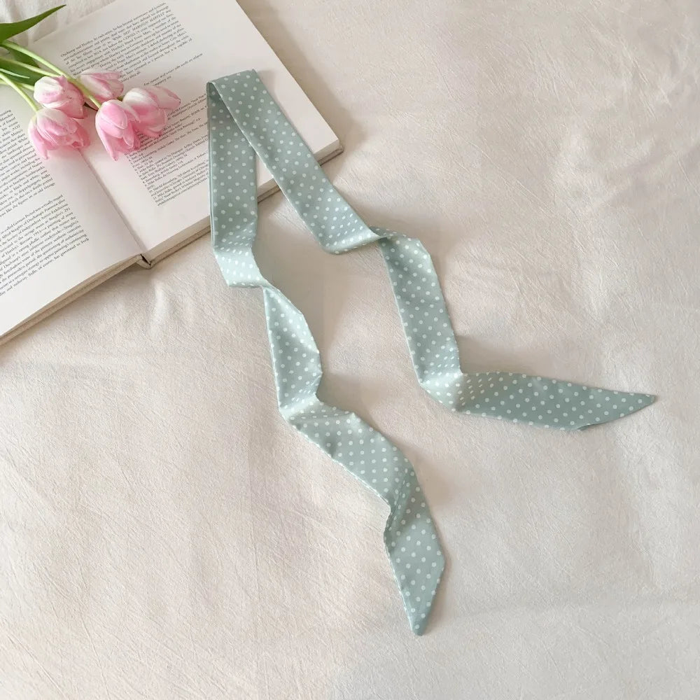 Retro Bow Ties Long Silk Scarf Ice Cream Printed Plaid Hair Band Qme Light Green