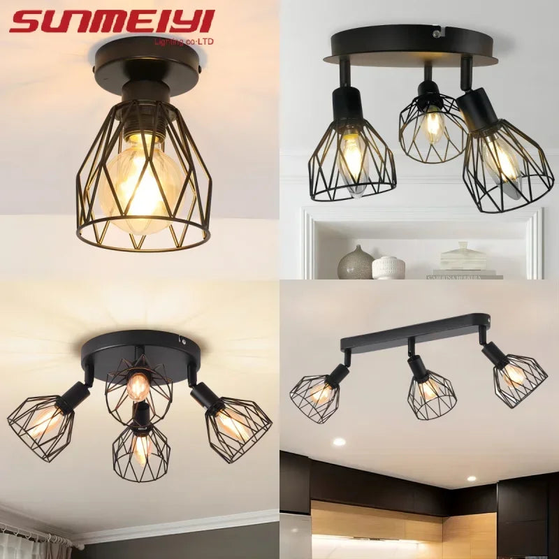 LED Ceiling Light Fixture Black Iron Farmhouse Kitchen Dining Table Hallway Bathroom Bedroom E14 Lamp holder Ceiling Light Qme