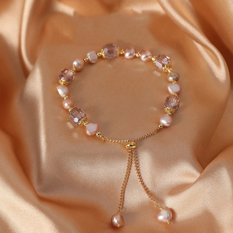 Elegant Pink Imitation Pearl Bracelets Exquisite Purple Crystal Beaded Adjustable Bracelets Bangle Female Wristband Accessories Qme