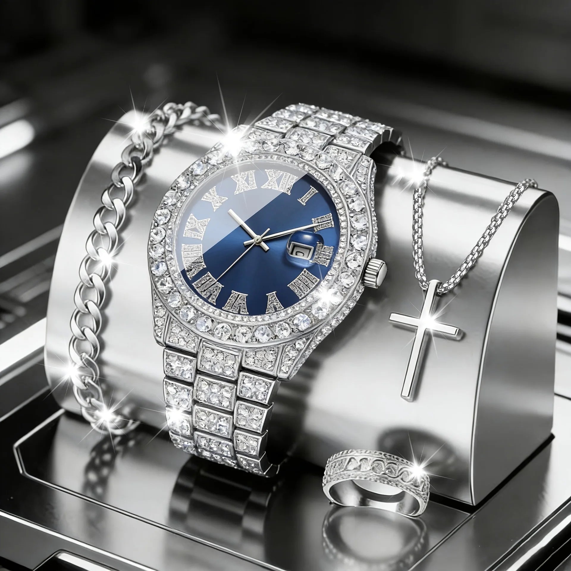 Hot Sale 4Pcs Silver Iced Out Men's Watch & Jewelry Set, Blue Dial Watch + Cuban Bracelet + Cross Necklace + Ring, Hip Hop Style Qme Blue