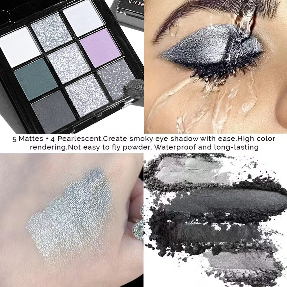 9-Color Dark Eyeshadow Palette Black Swan Smoky Matte Glitter Qme
