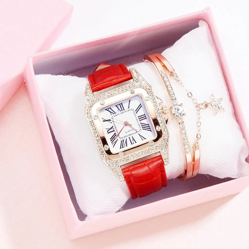 Women Diamond Watch Starry Square Dial Bracelet Watches Set Ladies Leather Band Quartz Wristwatch Female Clock Zegarek Damski Qme red set