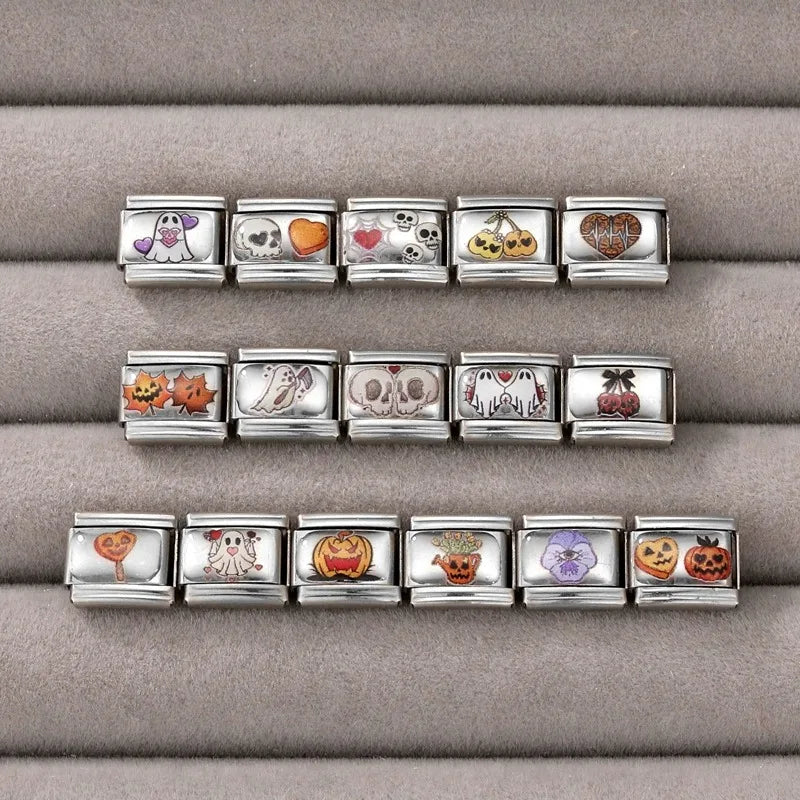 New 2026 Design Halloween Cherry Bow Pumpkins Ghost Italian Charm Links Fit 9MM Stainless Steel Bracelet Jewelry DIY Making Gift Qme