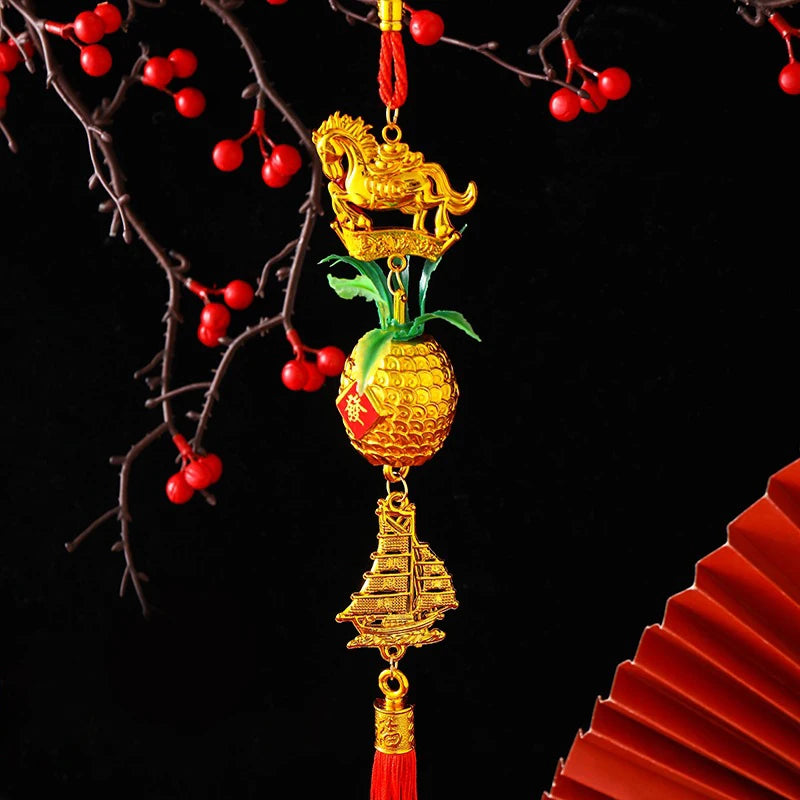 Chinese Year 2026 Celebration Decor Horse Red Gold Pineapple Hanging Qme