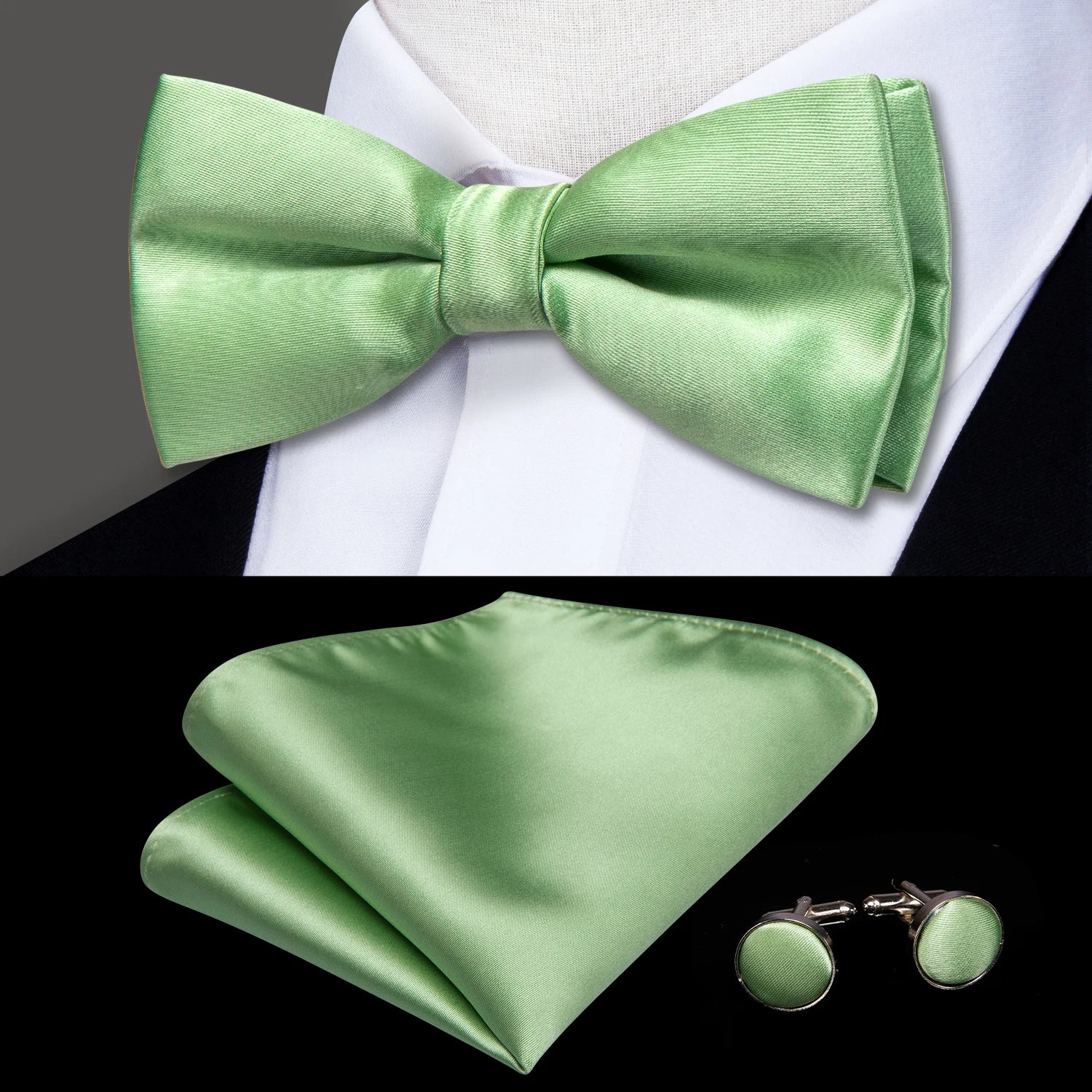 Hi-tie Pea Green Silk Mens Striped Pre-tied Bow Tie Hanky Cufflinks
