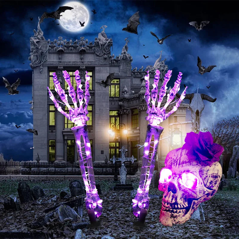 Luminous Skull Skeleton Halloween Prop Realistic Ghost Hand Scare Festival Decor Haunted House Garden Party Halloween Decoration Qme Purple 3pcs Set