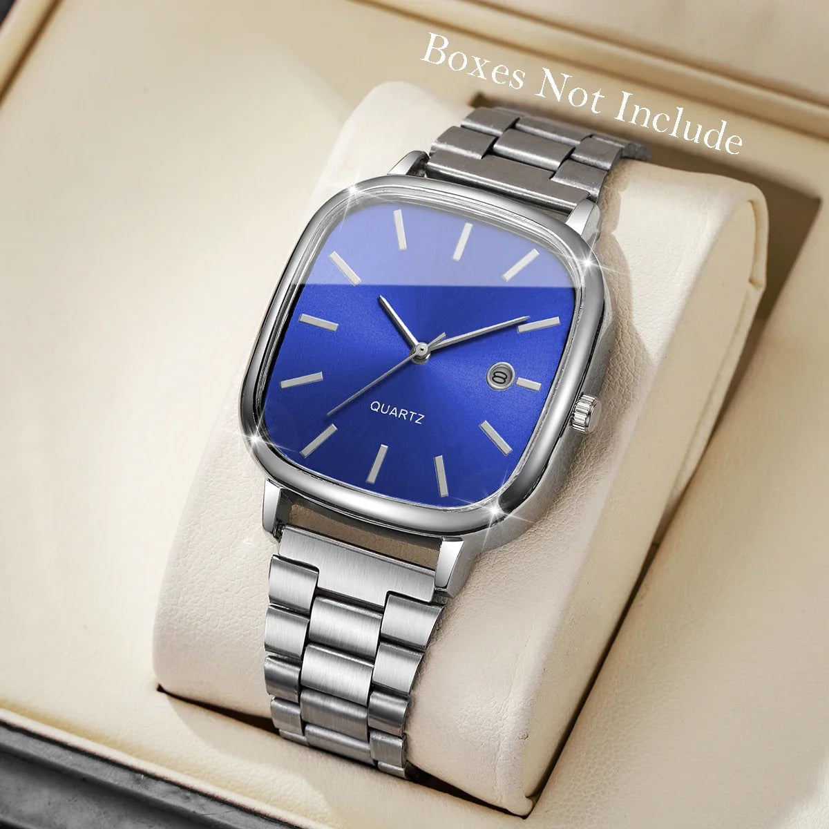 Steel strap watch, retro silver square watch, calendar, high-end feel, men's and women's commuting watch Qme Silver Blue No Box