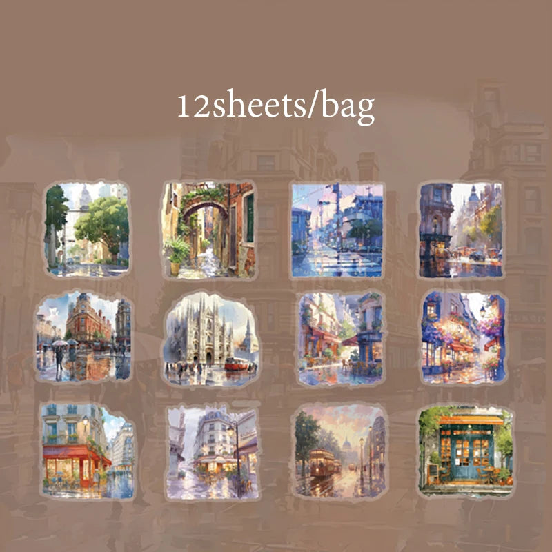 12 Sheets Rainy Walk PET Stickers for Scrapbooking Planner Journal Phone Case DIY Decoration Office School Stationery Gift Qme 3