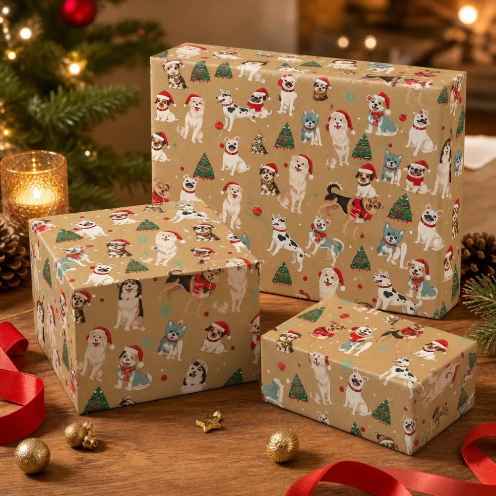 1 Roll of Christmas Gift Wrapping Paper with Cute Dog Patterns Featuring Santa Hats, Scarves, and Christmas Trees, Made of Kraft Qme