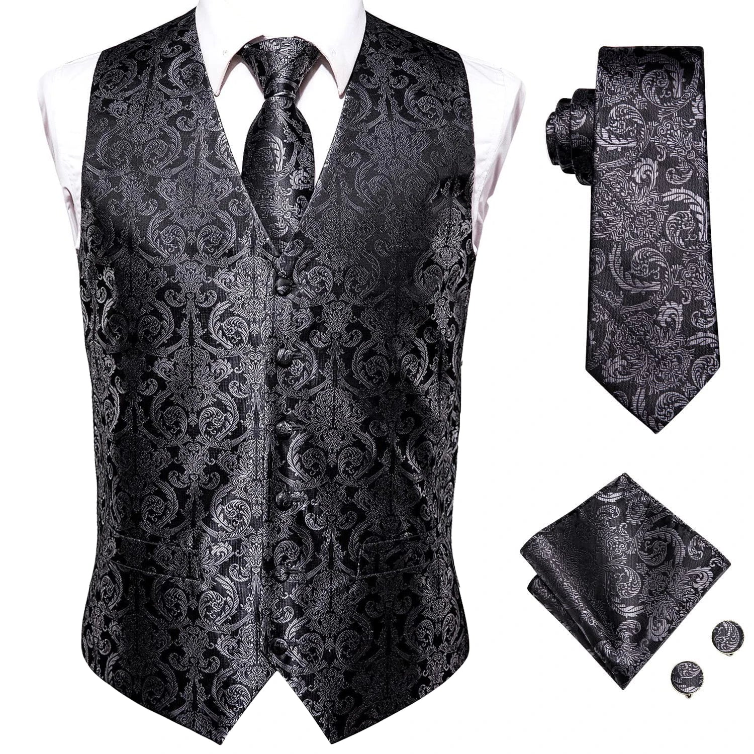 Hi-tie Mens Suit Vests Necktie Hankerchief Cufflinks Silk Slim Fit Qme 0011 L