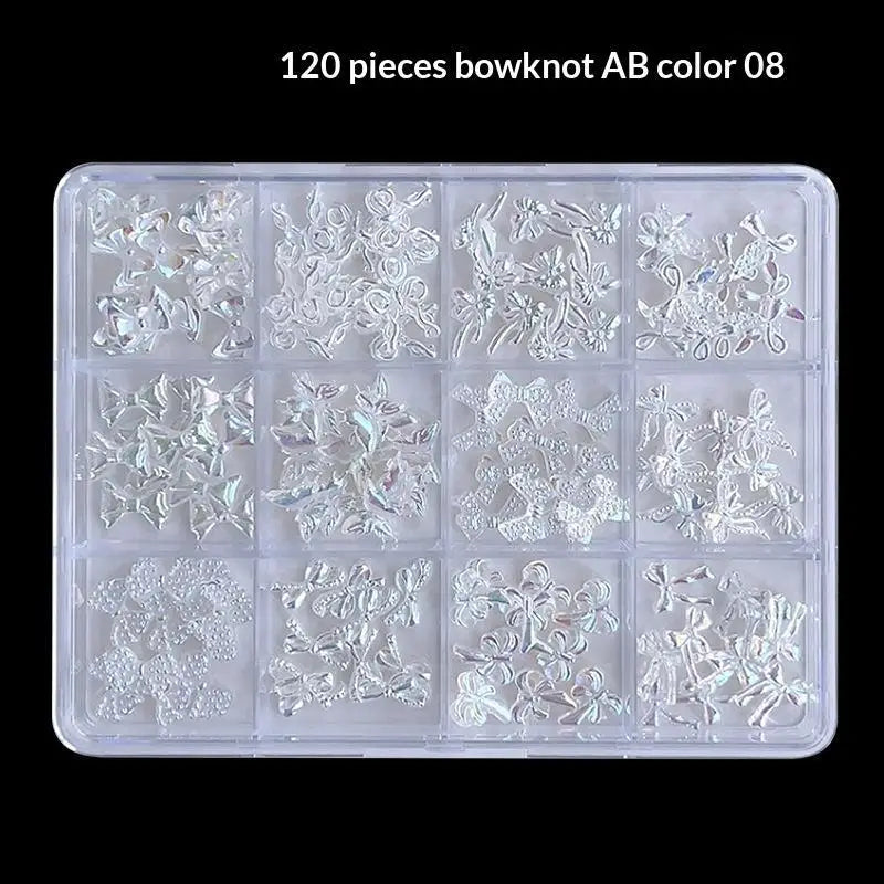120 Iridescent Aurora Bow Nail Charms Clear Storage Box Perfect DIY Qme AB