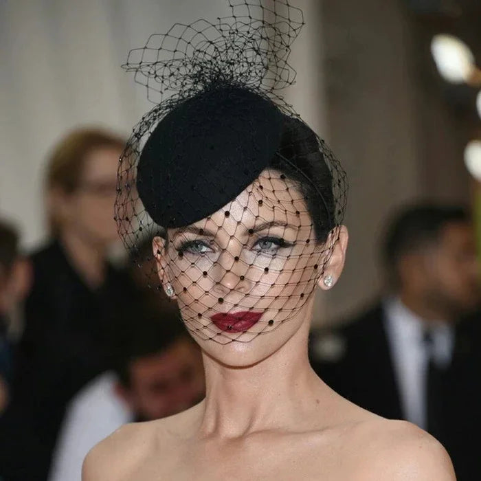 Black Veil Small Hat Hair Accessories Retro Woolen Material Dinner Qme