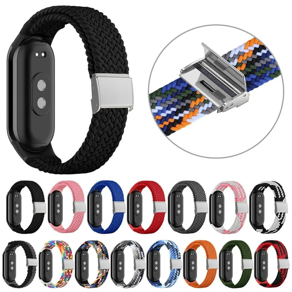 Adjustable Braided Nylon Elastic Wristband for Xiaomi Mi Band 8 Fitness Tracker Stainless Steel Buckle Replacement Strap Qme