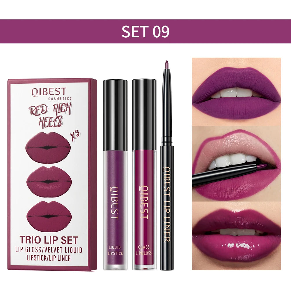 QIBEST Matte Liquid Lipstick&Lip Liner&Lip Gloss 3Pcs Sets Long Lasting Non-stick Cup Red Black Purple Lip Tint Cosmetics Kits Qme 09