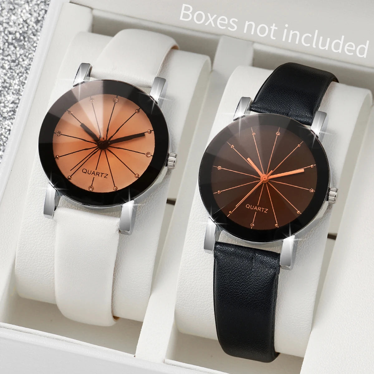 Relógio de quartzo com strass feminino, pulseira de couro casual, relógios de pulso sem caixa, relógios fashion, 2 peças Qme 2pcs