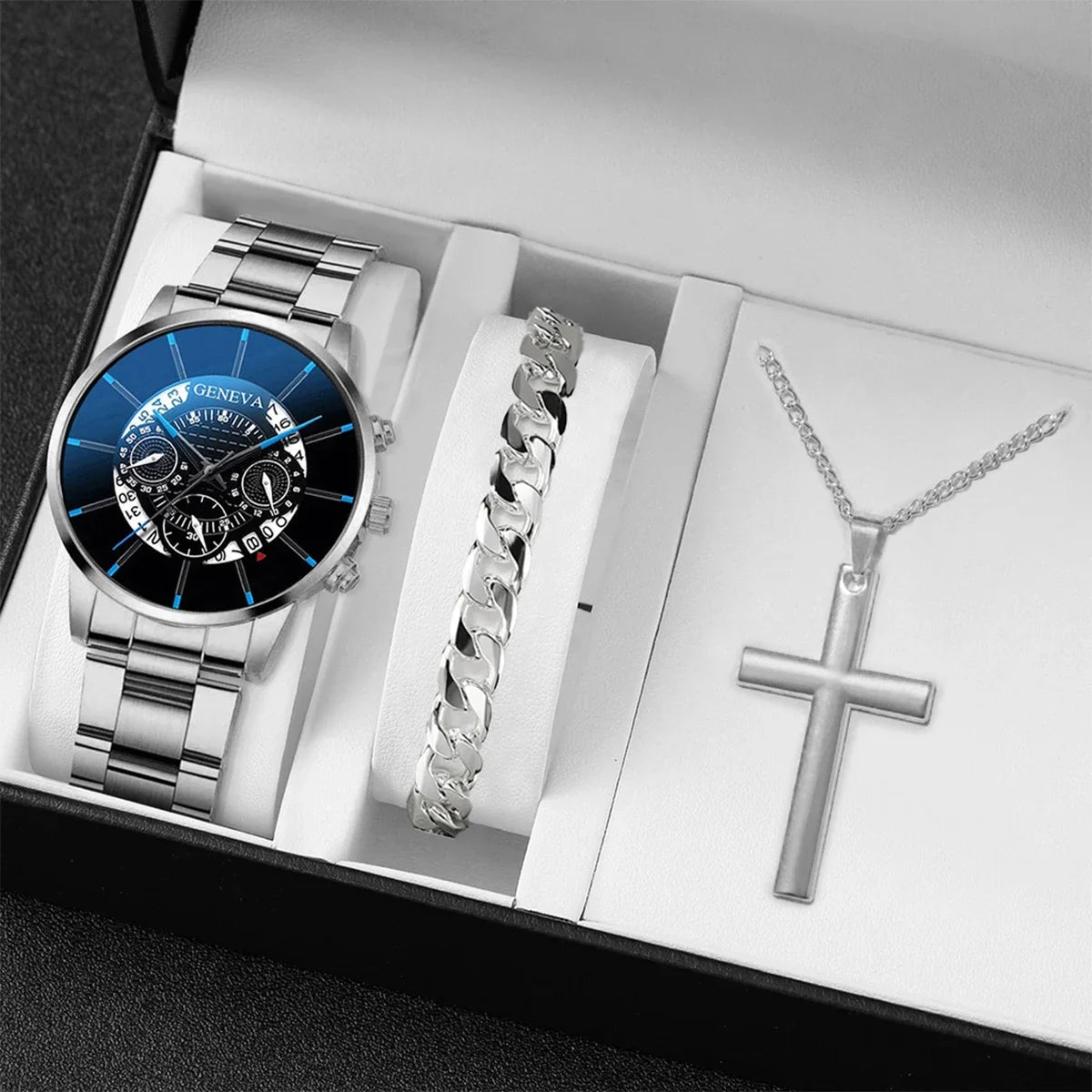 3 Pcs/set Men's Fashion Business Watches Steel Band Male Quartz Watch Casual Necklace Bracelet Wrist Watch Set (Without Box) Qme 2