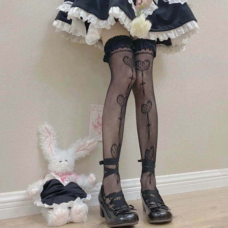 Women Goth Lolita Fishnet Socks Japan Kawaii Cute Knee Sexy Mesh Qme