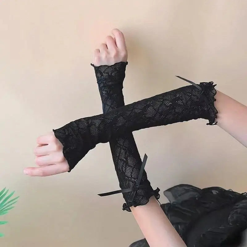 Harajuku Y2K Fingerless Lace Gloves Ruffle Mesh Kawaii Lolita Mitten Qme Black