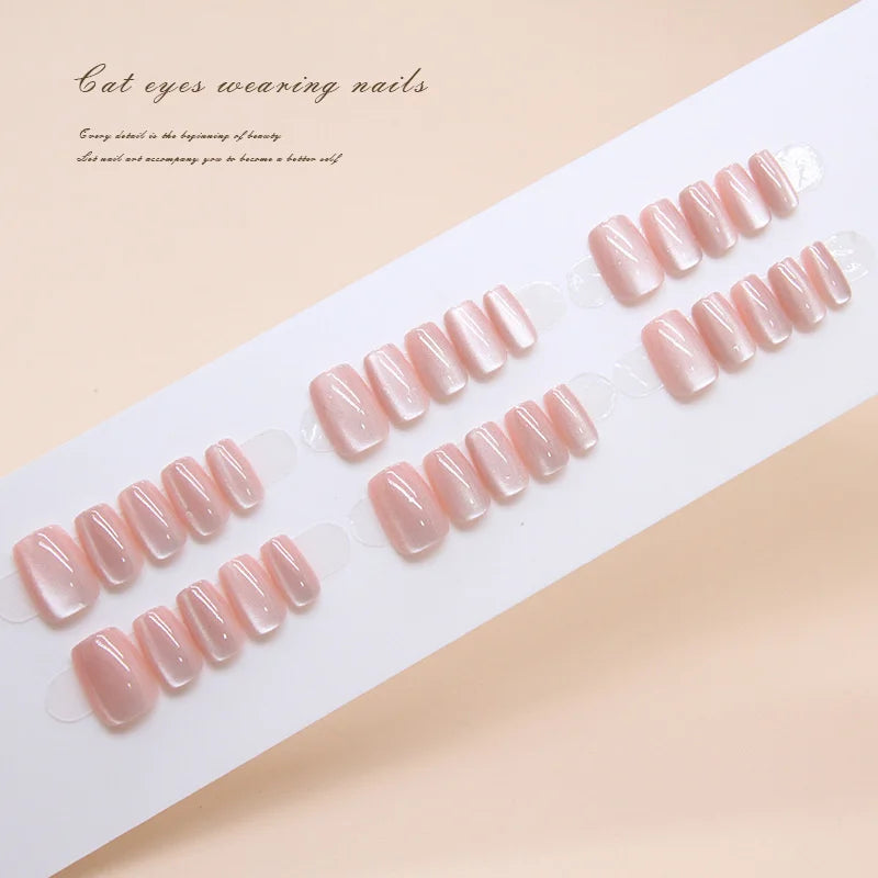 Nude Pink Cat Eye Press-on Nails Reusable Glossy Translucent False Qme