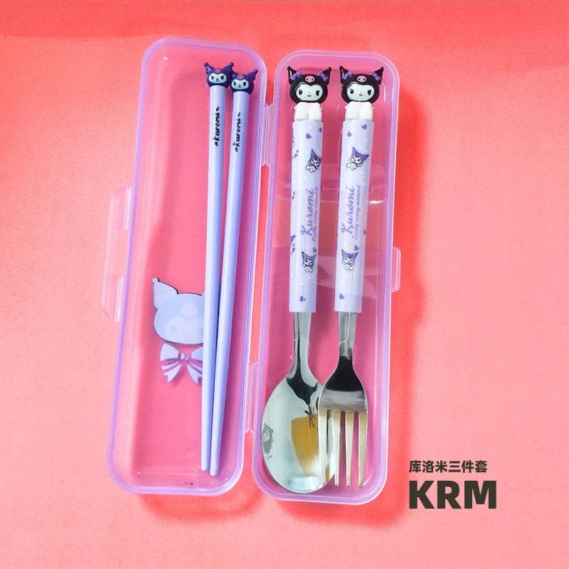 Hello Kitty Kuromi Cartoon Children's Tableware Spoon Portable Two-Piece Set for Students Stainless Steel Fork and Spoon Set Qme