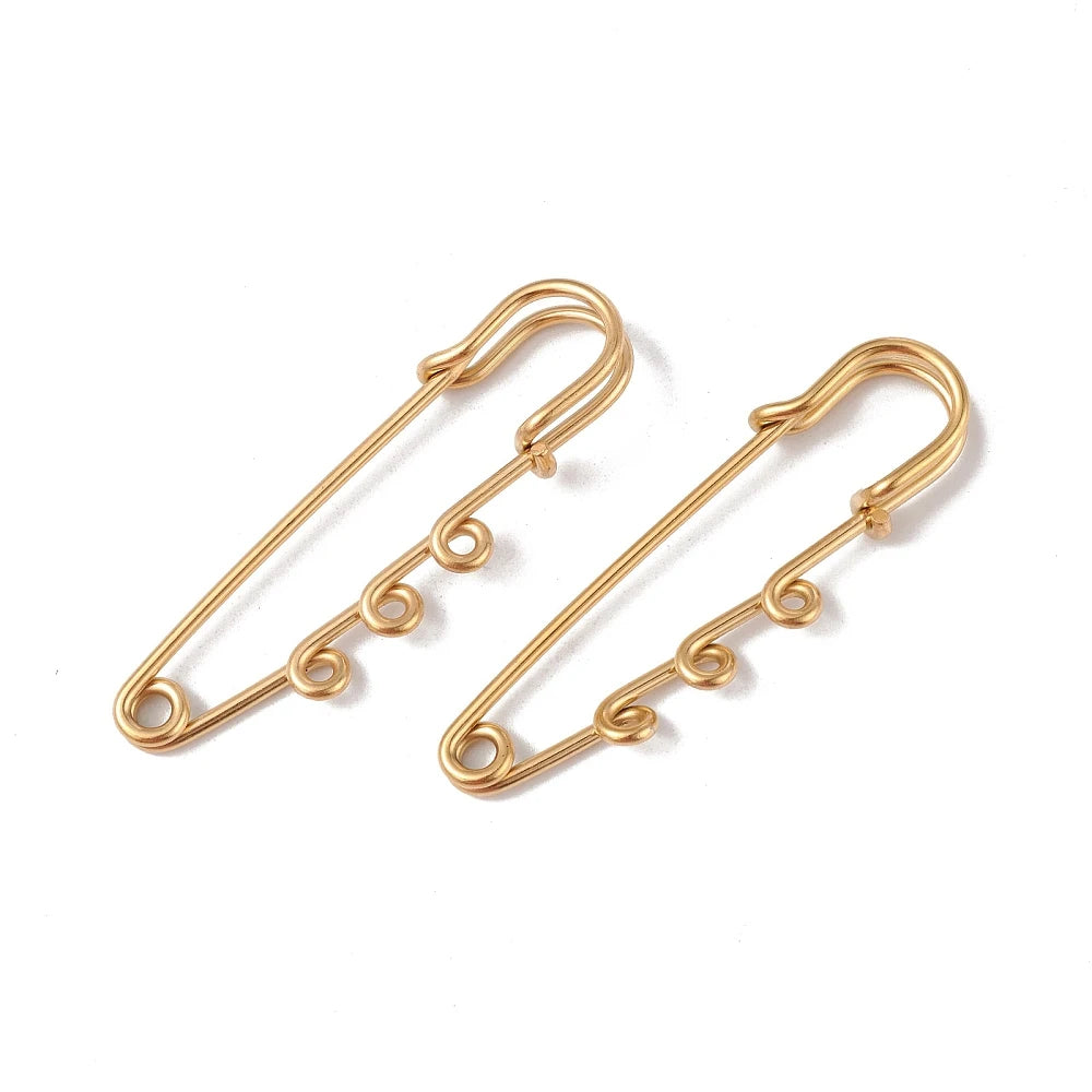 PandaHall 20pcs IP Plated 304 Stainless Steel Safety Pins, Triple Loop Brooch Findings 51x16x7mm, 1.3mm Pin for Lapel Pin Making Qme Golden