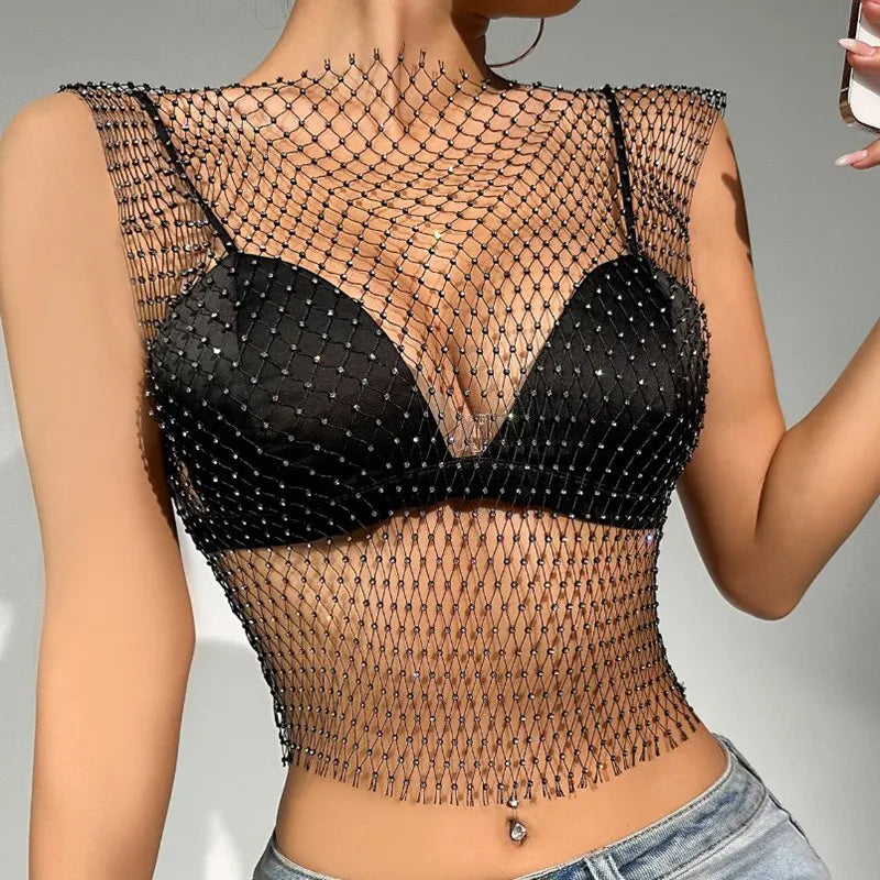 Sexy Women Shiny Rhinestone Fishnet Y2K Tank Crop Tops See Through Qme