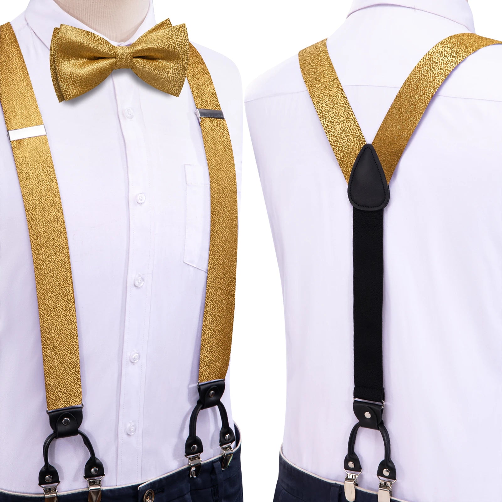 Hi-tie Silk Mens Braces Bowtie Hanky Cufflinks Y Back Clip Adjustable