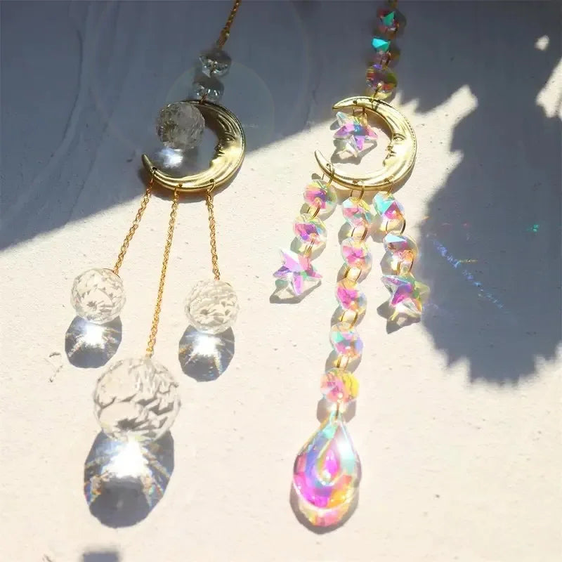 1pc Colored Crystal Wind Chime Moon Decorative Pendant Crystal Prism Hanging Gift SunCatcher For Garden Party Outdoor Home Decor Qme