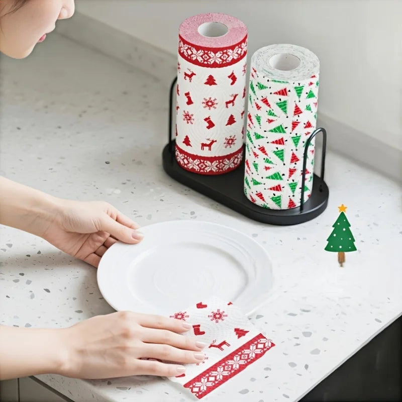 1 roll of Christmas kitchen paper Thickened three-layer roll paper, disposable kitchen cleaning wet and dry household - lazy rag Qme