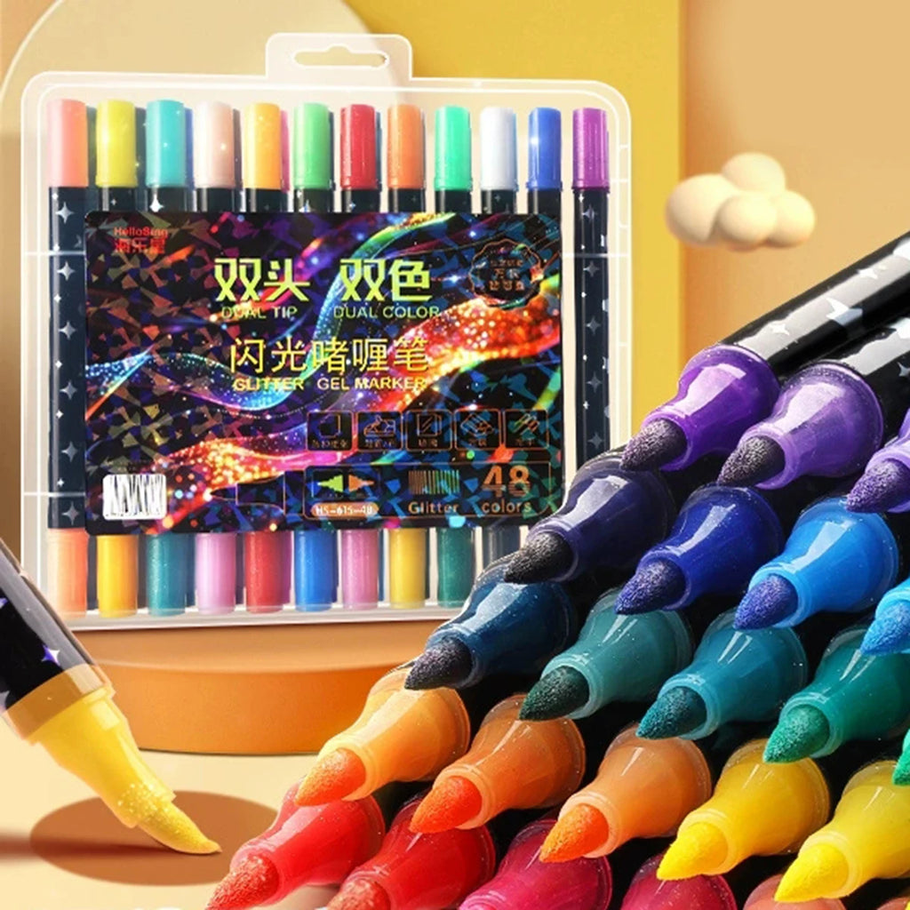 ArtShip Glitter Marker Pens, Double Brush Tips Highlighter Markers, for Painting, Ceramic, And Fabric, Water Based Non-Toxic Qme