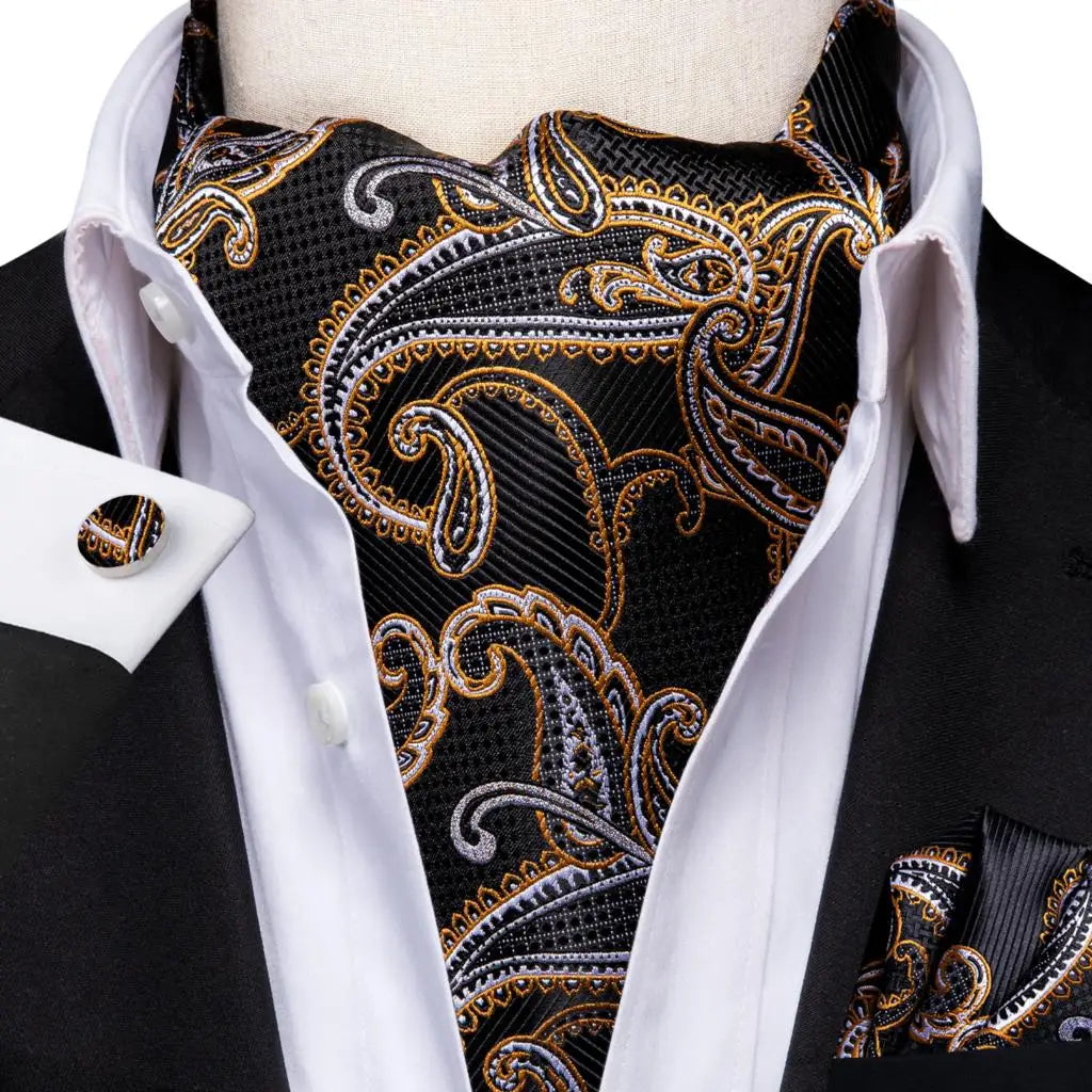 Hi-tie Silk Men's Ascot Pocket Square Cufflinks Jacquard Floral