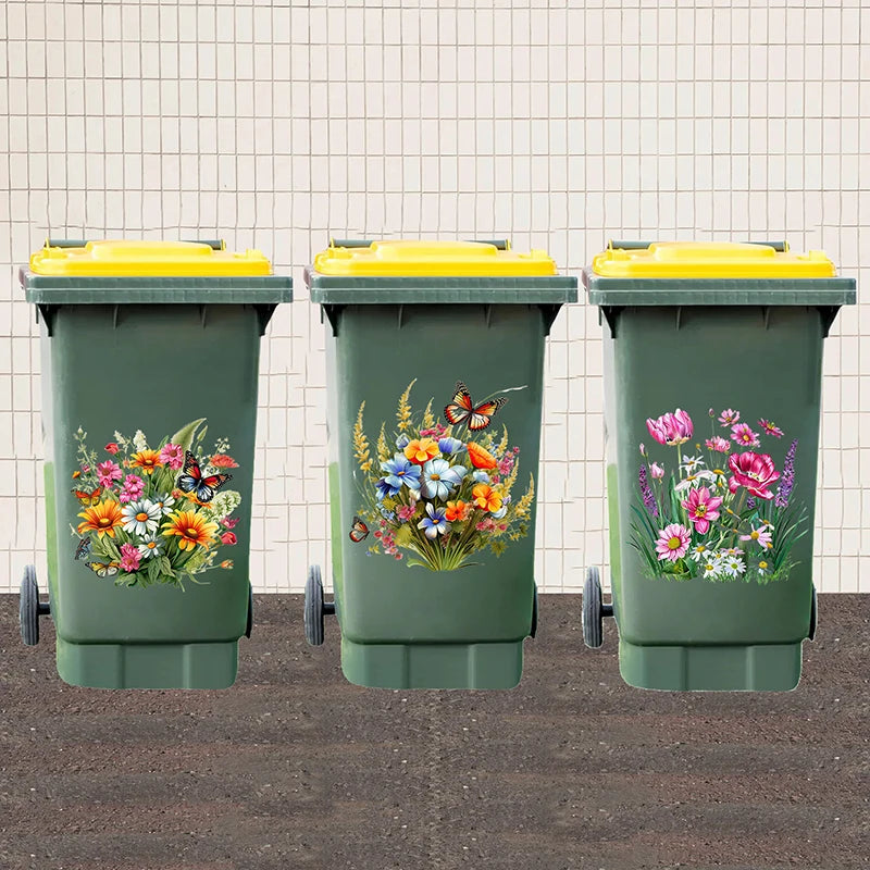 Trash Can Stickers Floral Wheel Self-adhesive Waterproof PVC Decals Qme