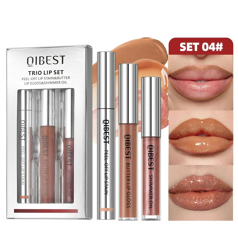 QIBEST Multifunctional Makeup Kits Include Tear Off Lip Stain,Mirror Lip Glaze,Shimmer Lip Oil Gloss Lasting Lip Cosmetics Sets Qme SET 04