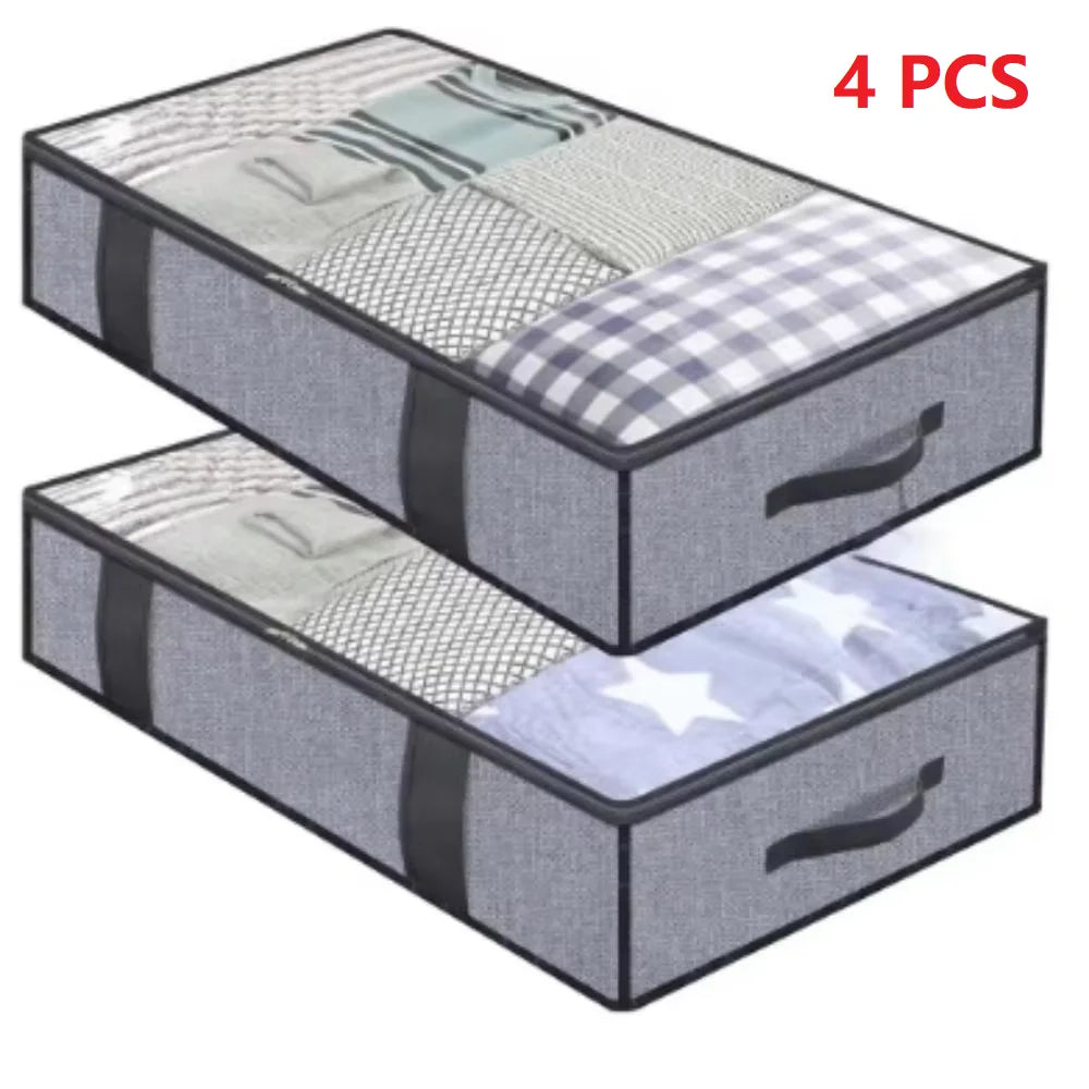 2/4PCS Organizer Bag Household Bed Bottom Storage Box Collapsible Non-Woven Clothing Quilt Toy Blanket Storage Box Shoe Bag Qme Gray lattice 4pcs
