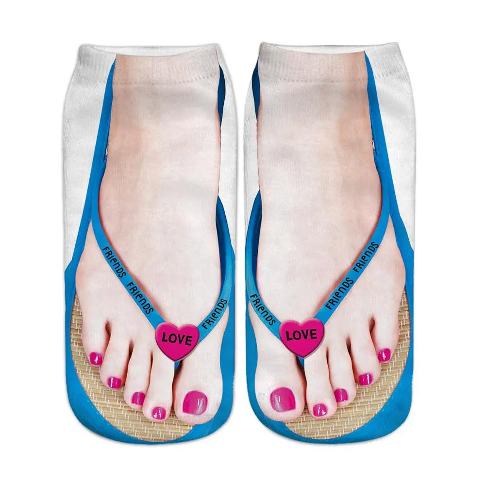 Fashion Canvas Flip Flop Shoes Cotton Socks 3D Printed Skeleton Summer Funny Kawaii Skull Foot Low Cut Ankle Socks For Women Sox Qme E One Size
