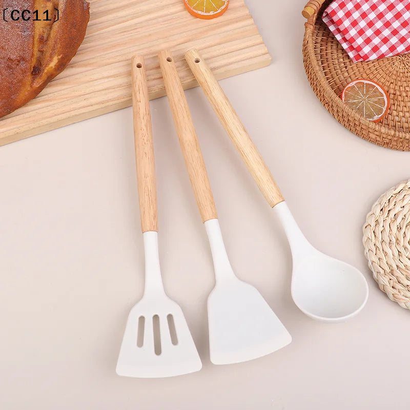 Wooden Handle Silica Gel Spatula Temperature Pot Frying Soup Ladle Qme